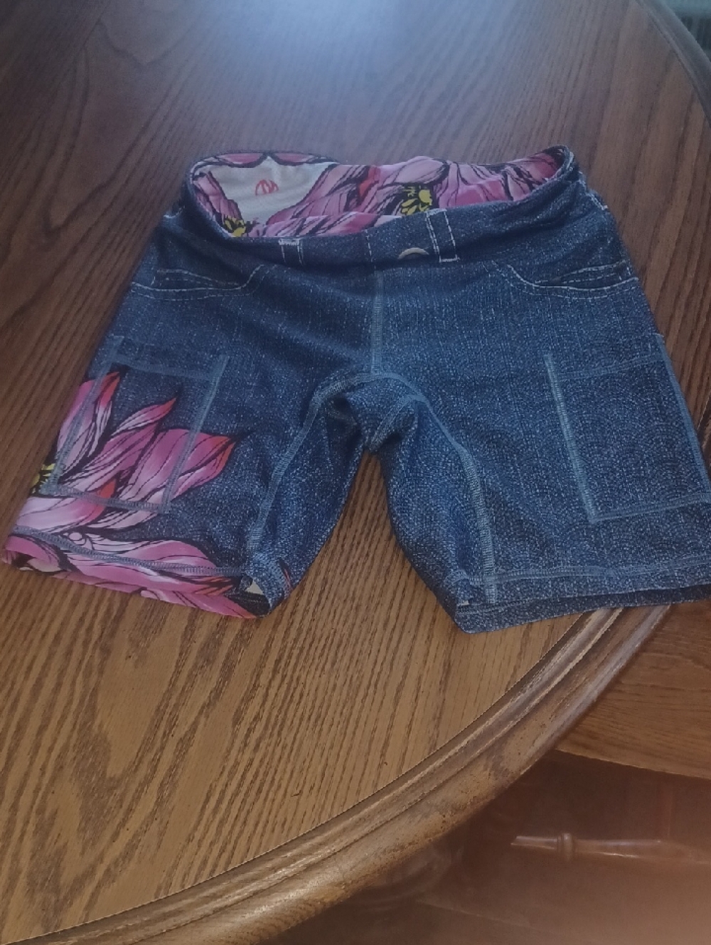 INKnBURN Denim-Look Athletic Shorts with Pink Floral Accents